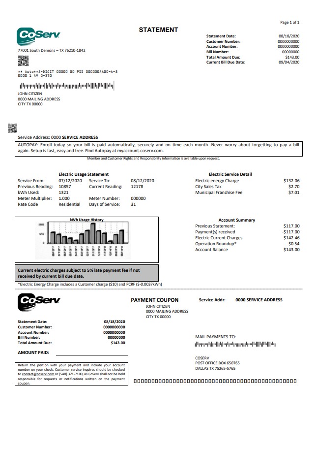 USA Texas CoServ utility bill template in Word and PDF format